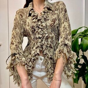 70s Vintage-Inspired Exotic Gold Paisley Ruffled Blouse